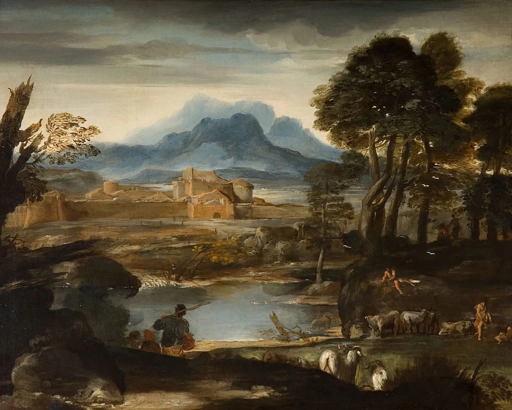 Paesaggio con un lago e una città murata